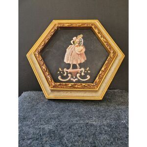 Vintage set of two pastel paintings Framed in hexagon chalkware wood frames